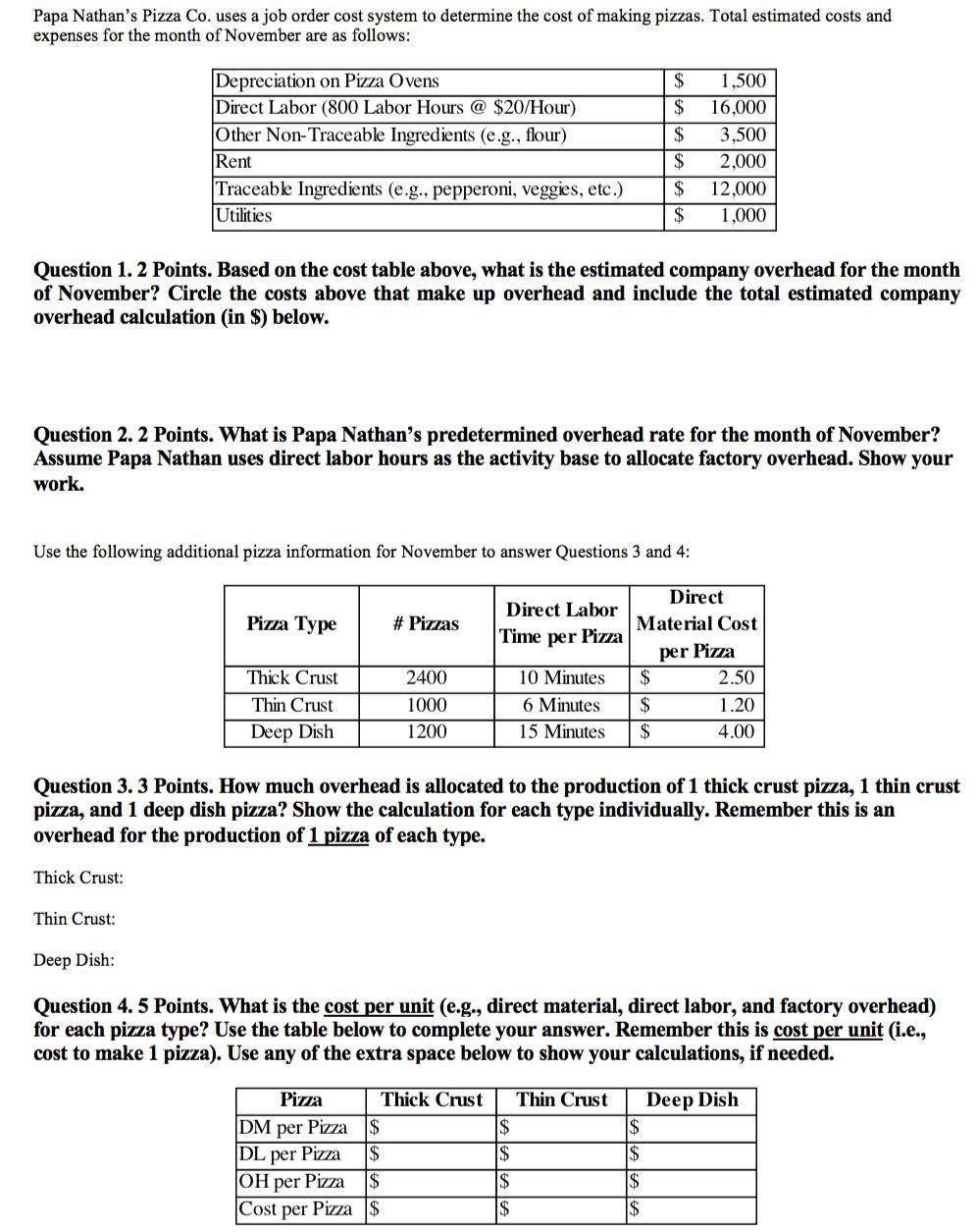 Papa Nathans Pizza Co. uses a job order cost system to determine the cost of making pizzas. Total estimated costs andexpens