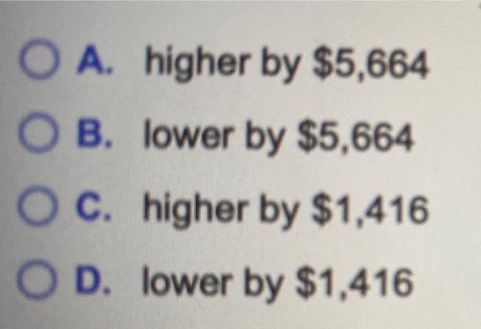 O A. higher by $5,664B. lower by $5,664O c. higher by $1,416OD. lower by $1,416