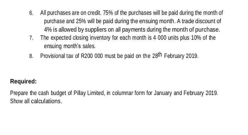 All purchases are on credit. 75% of the purchases will be paid during the month ofpurchase and 25% will be paid during the e