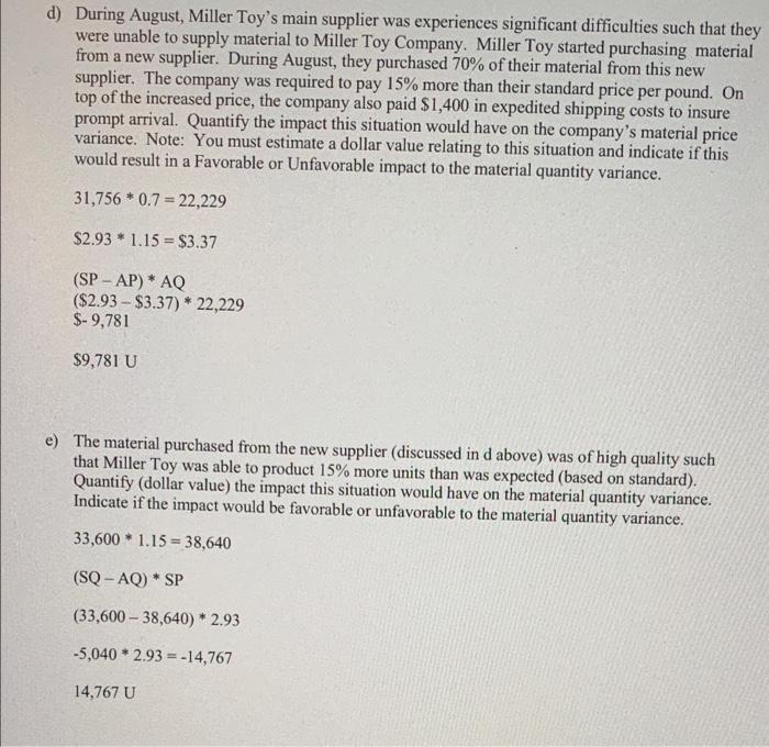 d) During August, Miller Toys main supplier was experiences significant difficulties such that they were unable to supply ma