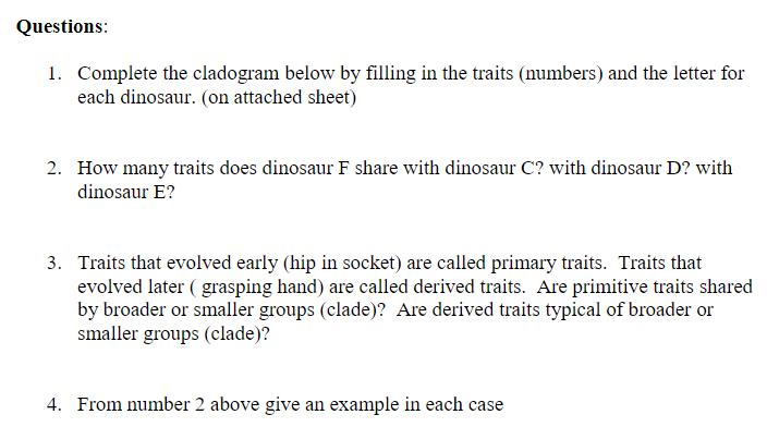 Questions: 1. Complete the cladogram below by filling in the traits (numbers) and the letter for each