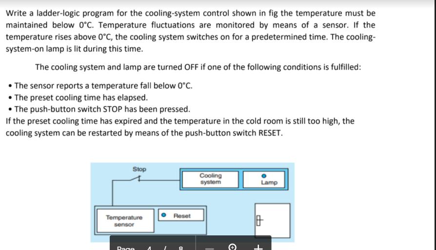 Write a ladder-logic program for the cooling-system control shown in fig the temperature must be maintained