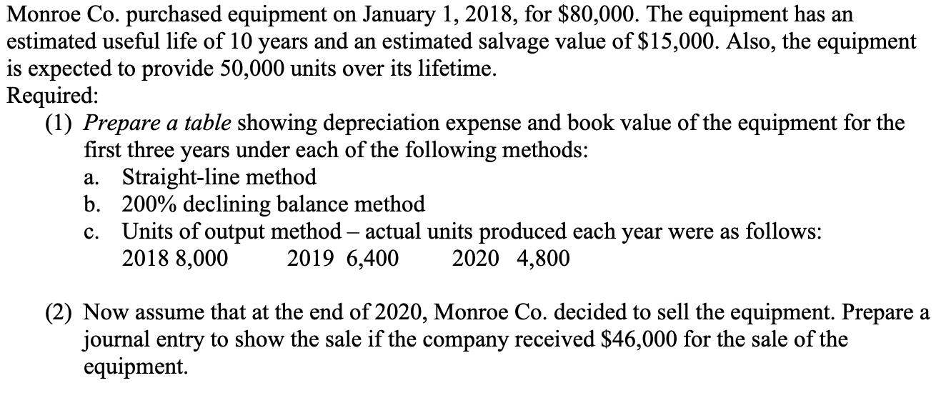 Monroe Co. purchased equipment on January 1, 2018, for $80,000. The equipment has anestimated useful life of 10 years and an