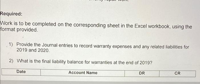 Required: Work is to be completed on the corresponding sheet in the Excel workbook, using the format provided. 1) Provide the