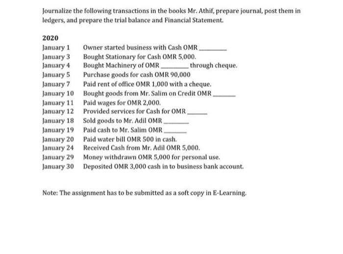 Journalize the following transactions in the books Mr. Athif, prepare journal, post them inledgers, and prepare the trial ba