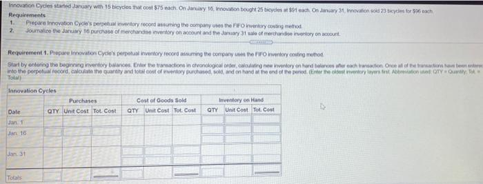 Innovation Cydes started January wah 15 bicydes that cost $75 each. On January 10, novation bought 25 bicycles at 80t eath. O