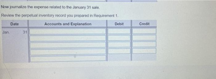 Now journalize the expense related to the January 31 sale.Review the perpetual inventory record you prepared in Requirement