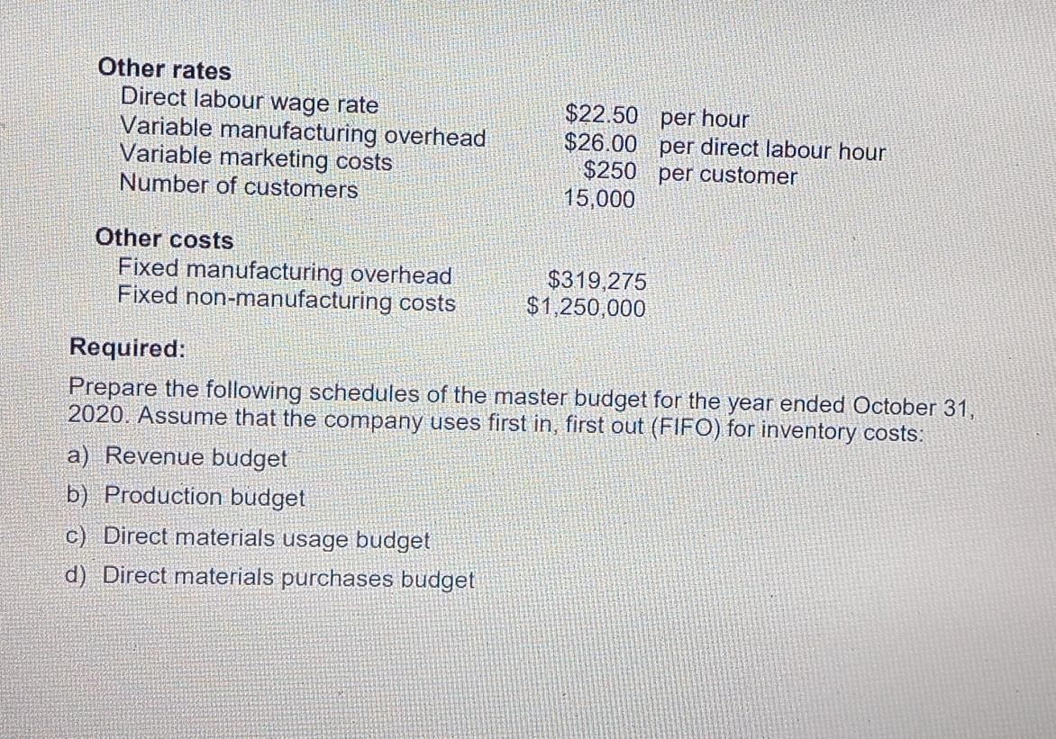 Other rates Direct labour wage rate Variable manufacturing overhead Variable marketing costs Number of customers $22.50 per h