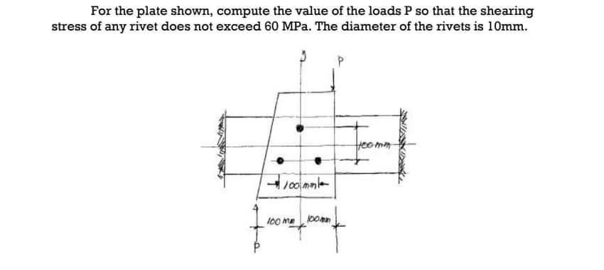 For the plate shown, compute the value of the loads P so that the shearing stress of any rivet does not exceed 60 MPa. The di