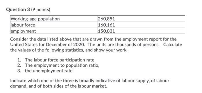 Question 3 (9 points)Working-age population260,851labour force160,161employment150,031Consider the data listed above t
