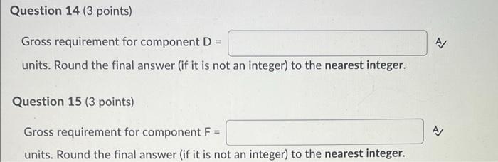 Question 14 (3 points) A/ Gross requirement for component D = units. Round the final answer (if it is not an integer) to the