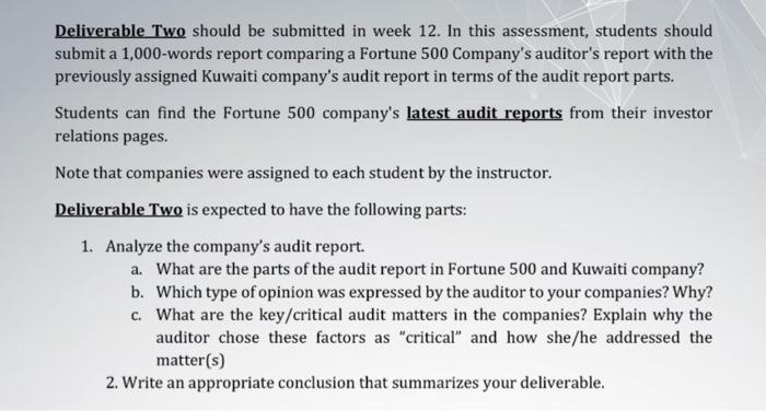 Deliverable Two should be submitted in week 12. In this assessment, students should submit a 1,000-words report comparing a F