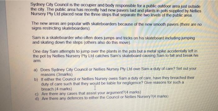 Sydney City Council is the occupier and body responsible for a public outdoor area just outside the city. The public area has