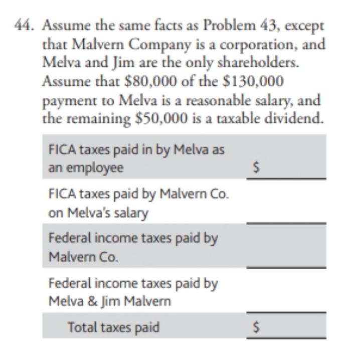 44. Assume the same facts as Problem 43, exceptthat Malvern Company is a corporation, andMelva and Jim are the only shareho