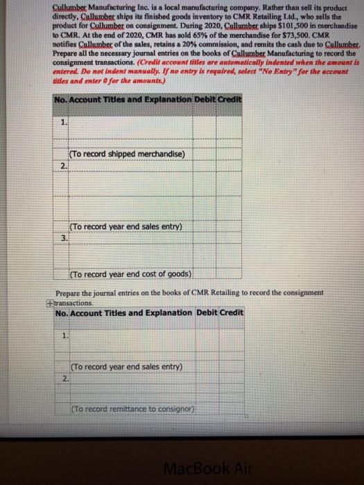 Cullumber Manufacturing Inc. is a local manufacturing company. Rather than sell its productdirectly. Cullumber ships its fin
