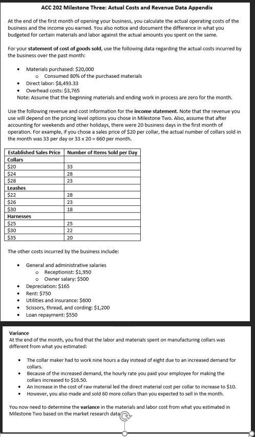 ACC 202 Milestone Three: Actual Costs and Revenue Data AppendixAt the end of the first month of opening your business, you c