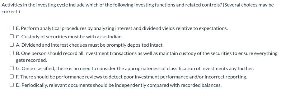 Activities in the investing cycle include which of the following investing functions and related controls? (Several choices m