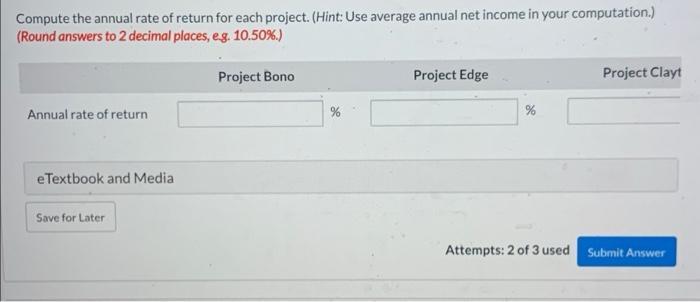 Compute the annual rate of return for each project. (Hint: Use average annual net income in your computation.)(Round answers