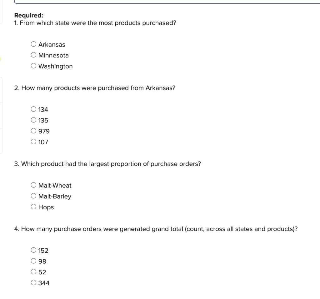 Required: 1. From which state were the most products purchased? O Arkansas O Minnesota Washington 2. How many products were p