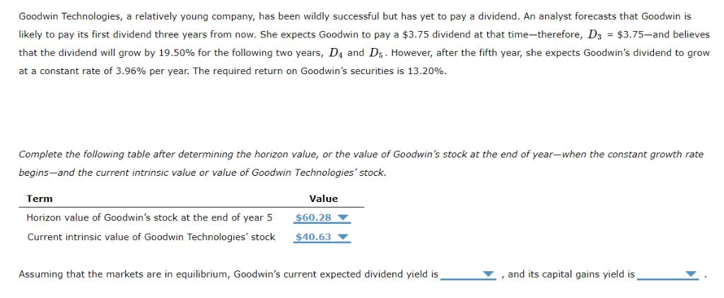 Goodwin Technologies, a relatively young company, has been wildly successful but has yet to pay a dividend. An analyst foreca