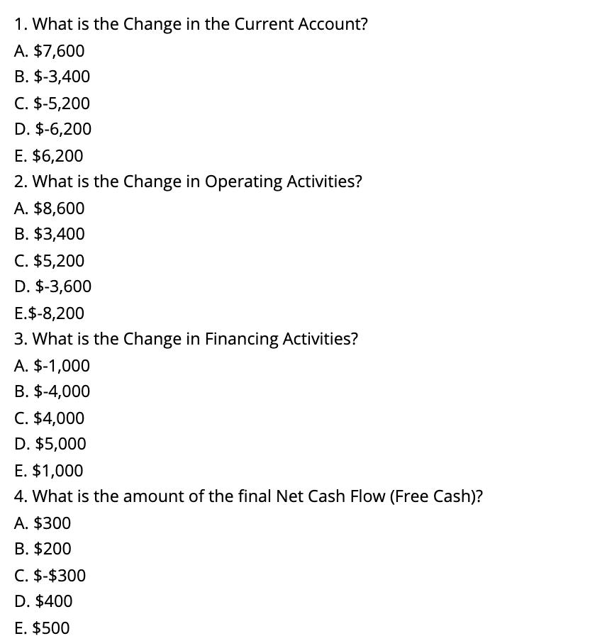 1. What is the Change in the Current Account?A. $7,600B. $-3,400C. $-5,200D. $-6,200E. $6,2002. What is the Change in O