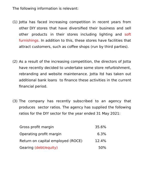 The following information is relevant: (1) Jotta has faced increasing competition in recent years from other DIY stores that