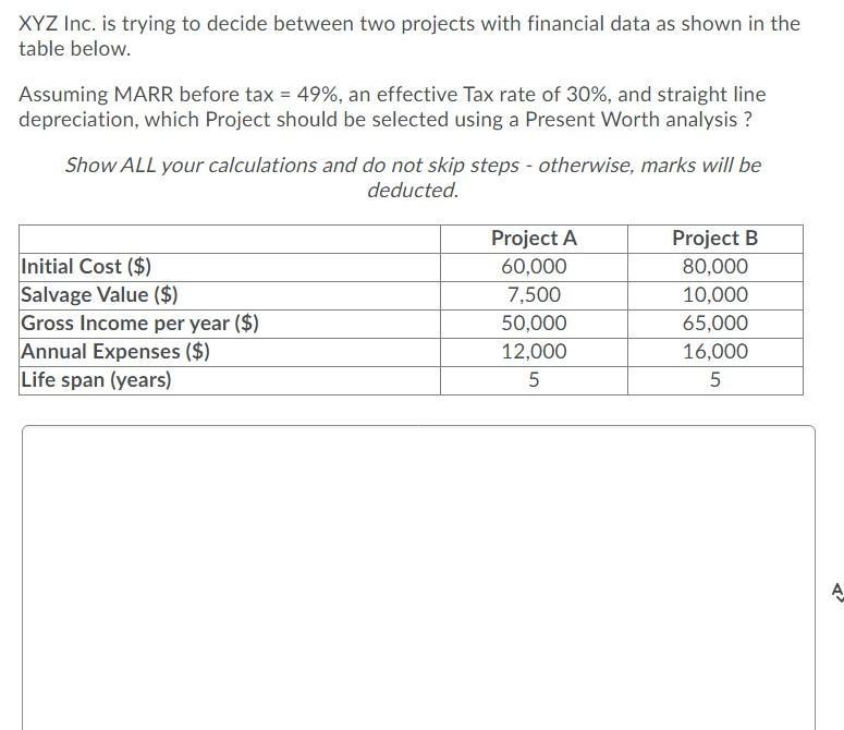 XYZ Inc. is trying to decide between two projects with financial data as shown in the table below. Assuming MARR before tax =