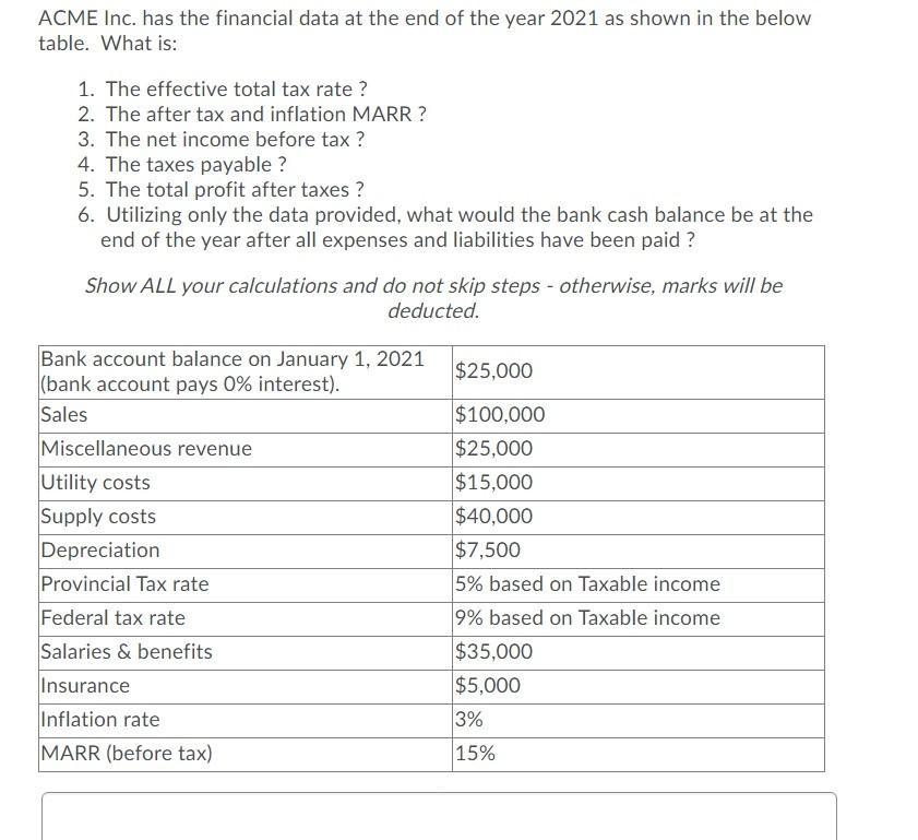 ACME Inc. has the financial data at the end of the year 2021 as shown in the below table. What is: 1. The effective total tax