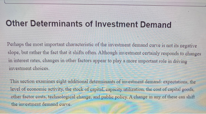 Other Determinants of Investment DemandPerhaps the most important characteristic of the investment demand curve is not its n