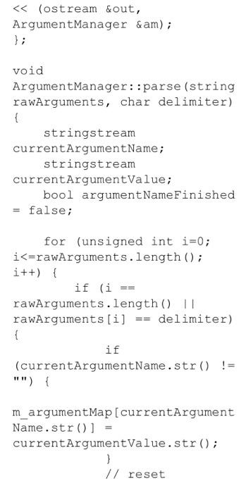 < (ostream &out, ArgumentManager &am); void ArgumentManager::parse (string rawArguments, char delimiter) stringstream current