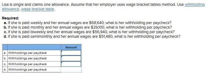 Lisa is single and claims one allowance. Assume that her employer uses wage bracket tables method. Use withholding allowance,