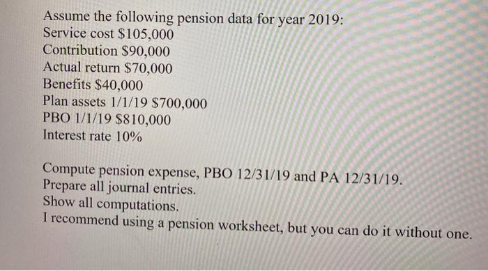 Assume the following pension data for year 2019: Service cost $105,000 Contribution $90,000 Actual return $70,000 Benefits $4