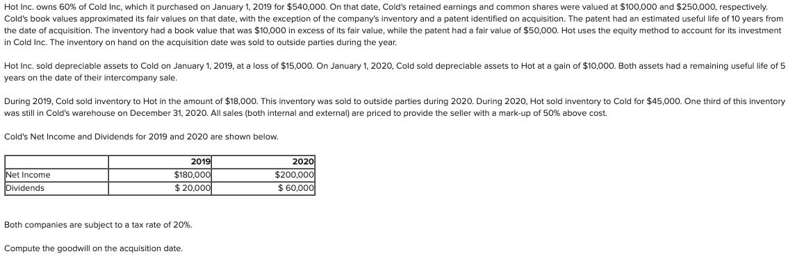 Hot Inc. owns 60% of Cold Inc, which it purchased on January 1, 2019 for $540,000. On that date, Colds retained earnings and