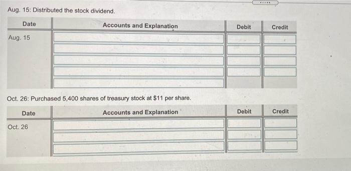 Aug. 15: Distributed the stock dividend. Date Accounts and Explanation Debit Credit Aug. 15 Oct. 26: Purchased 5,400 shares o