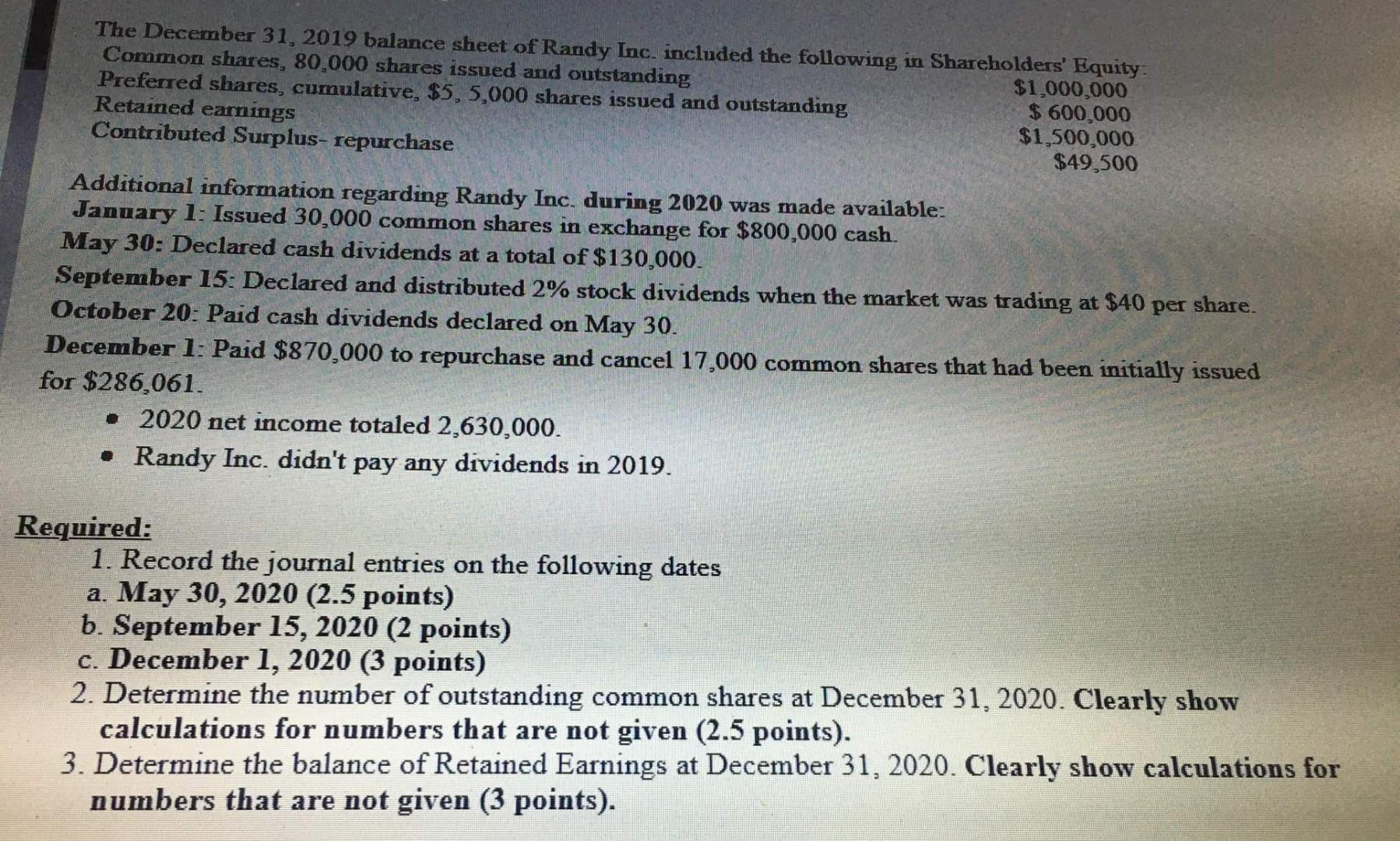 The December 31, 2019 balance sheet of Randy Inc. included the following in Shareholders Equity Common shares, 80,000 shares