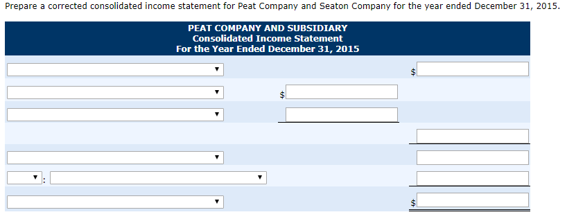 Prepare a corrected consolidated income statement for Peat Company and Seaton Company for the year ended December 31, 2015PE
