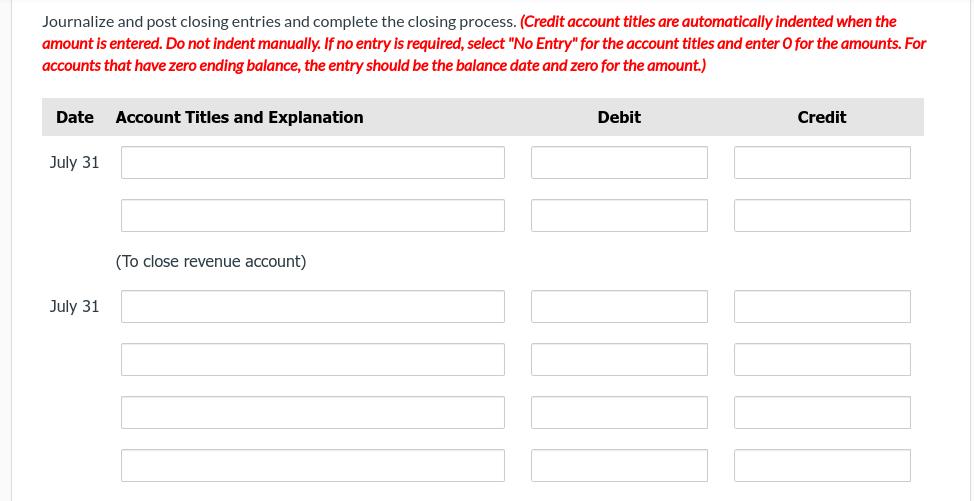 Journalize and post closing entries and complete the closing process. (Credit account titles are automatically indented when