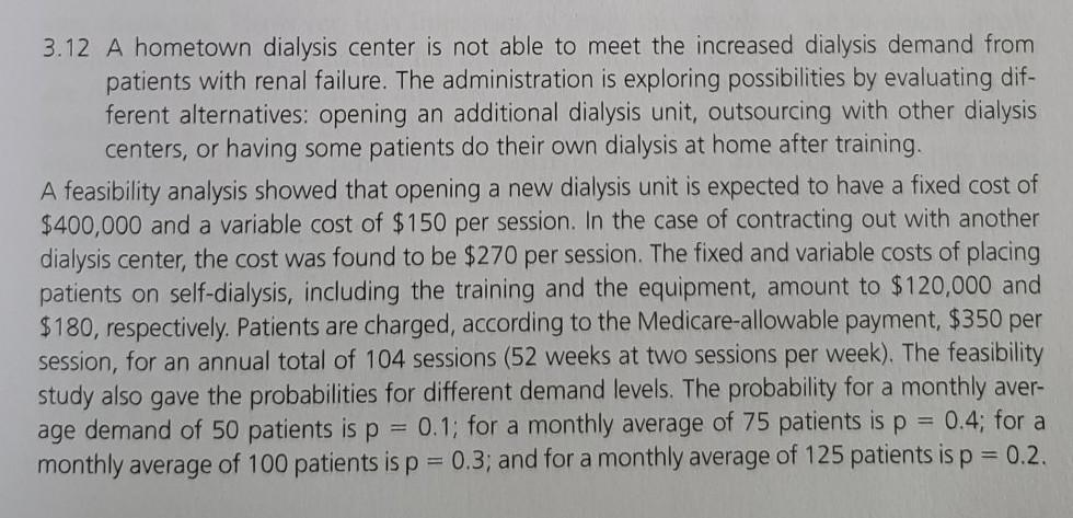 3.12 A hometown dialysis center is not able to meet the increased dialysis demand from patients with renal failure. The admin
