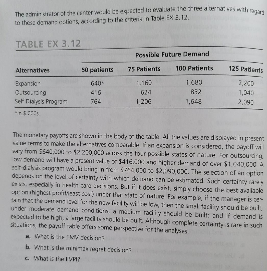 The administrator of the center would be expected to evaluate the three alternatives with regard to those demand options, acc