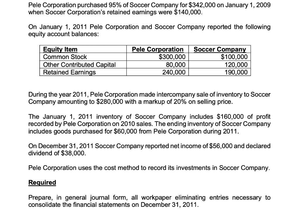 Pele Corporation purchased 95% of Soccer Company for $342,000 on January 1, 2009 when Soccer Corporations retained earnings