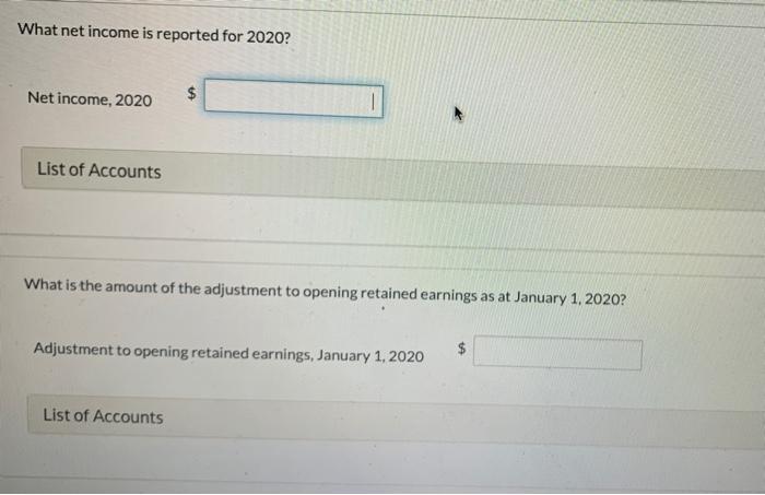 What net income is reported for 2020? Net income, 2020 $List of Accounts What is the amount of the adjustment to opening ret