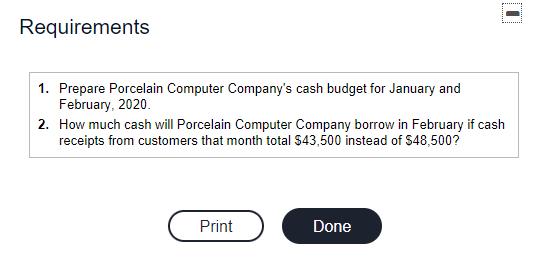 Requirements 1. Prepare Porcelain Computer Companys cash budget for January and February, 2020 2. How much cash will Porcela