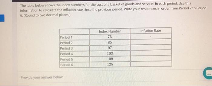 The table below shows the index numbers for the cost of a basket of goods and services in each period. Use thisinformation t
