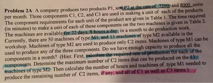 Problem 2A: A company produces two products P1, and P2 at the rate of 7200, and 8900 unitsper month. Three components C1, C2