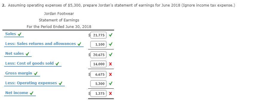 2. Assuming operating expenses of $5,300, prepare Jordans statement of earnings for June 2018 (Ignore income tax expense.)J