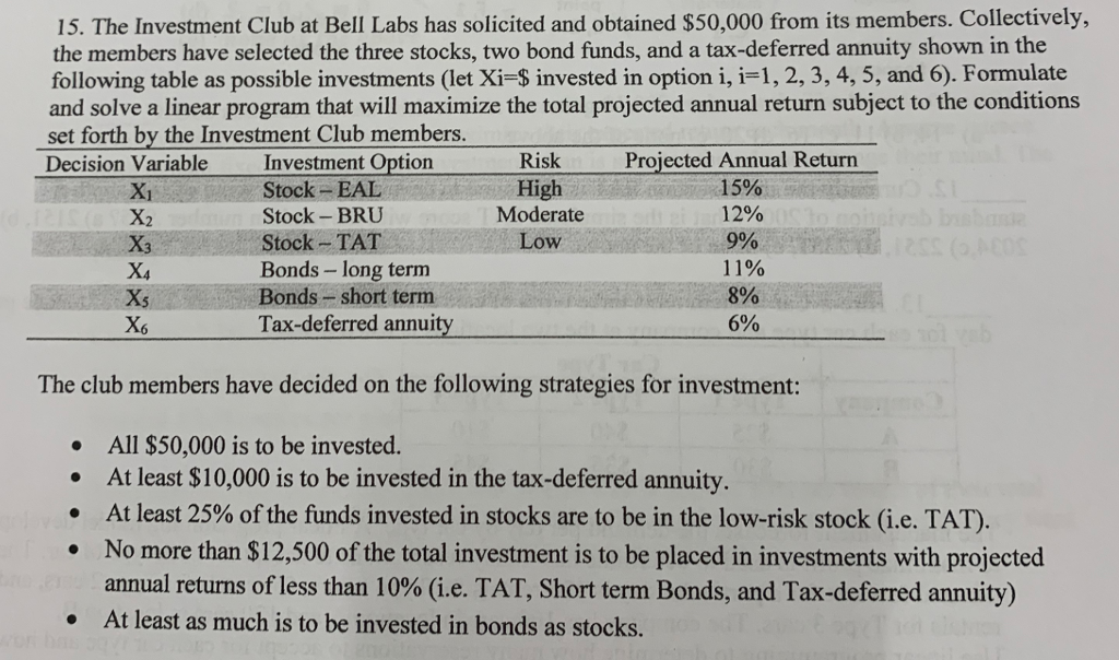 15. The Investment Club at Bell Labs has solicited and obtained $50,000 from its members. Collectively, the members have selected the three stocks, two bond funds, and a tax-deferred annuity shown in the following table as possible investments (let Xi-$ invested in option i, i-1, 2, 3, 4, 5, and 6). Formulate and solve a linear program that will maximize the total projected annual return subject to the conditions set forth by the Investment Club members. Decision Variable Investment Stock EAL Stock -BRU Stock- TAT Bonds -long term Bonds short term Tax-deferred annuity Risk High Moderate Low Projected Annual Return 15% 12% 9% 11% 8% 6% X2 X4 Xs The club members have decided on the following strategies for investment: All $50,000 is to be invested. At least $10,000 is to be invested in the tax-deferred annuity At least 25% of the funds invested in stocks are to be in the low-risk stock (ie, TAT). No more than $12,500 of the total investment is to be placed in investments with projected annual returns of less than 10% (ie, TAT, Short term Bonds, and Tax-deferred annuity) At least as much is to be invested in bonds as stocks. . ? o .