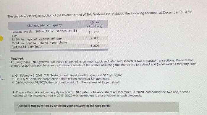The shareholders equity section of the balance sheet of TNI Systems Inc.included the following accounts at December 31, 2017: ($ in Shareholders Equity Common stock, 260 million shares at $1 par Paid-in capital-excess of par Paid-in capital-share repurchase Retained earnings millions) s 260 2,080 1,600 Required: 1. During 2018, TNL Systems reacquired shares of its common stock and later sold shares in two separate transactions. Prepare the entries for both the purchase and subsequent resale of the shares assuming the shares are (a) retired and (b) viewed as treasury stock. a. On February 5, 2018, TNL Systems purchased 8 million shares at $12 per share. b. On July 9, 2018, the corporation sold 3 million shares at $14 per share. C. On November 14, 2020, the corporation sold 3 million shares at $9 per share. ces 2. Prepare the shareholders equity section of TNL Systems balance sheet at December 31, 2020, comparing the two approaches. Assume all net income earned in 2018-2020 was distributed to shareholders as cash dividends. Complete this question by entering your answers in the tabs below
