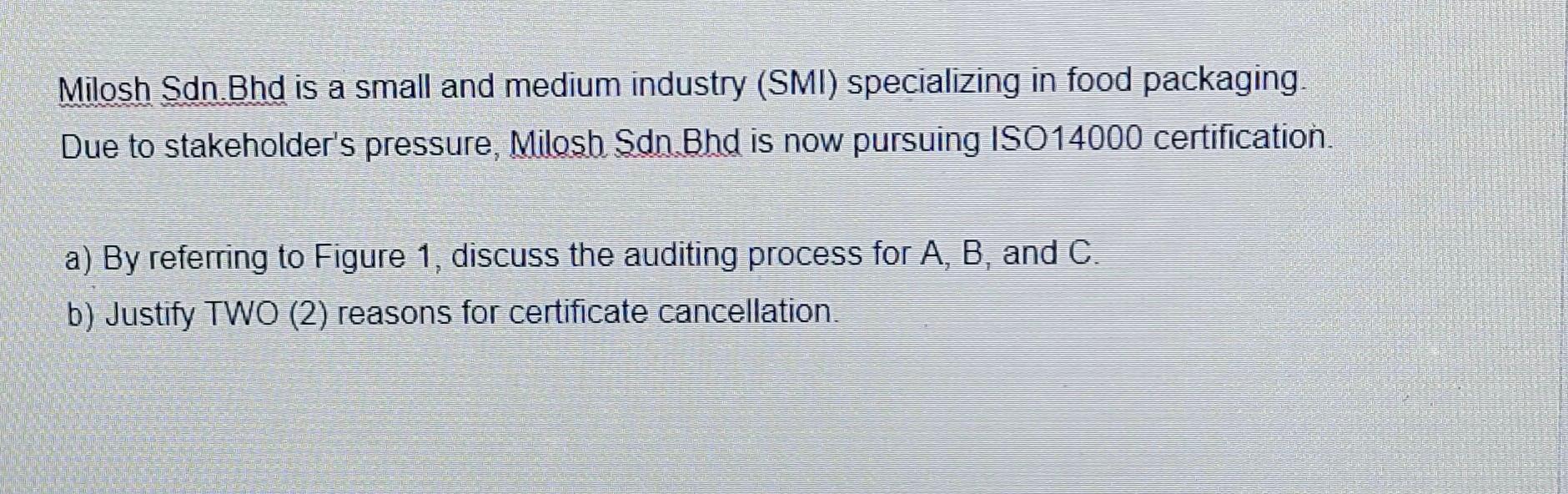 Milosh Sdn.Bhd is a small and medium industry (SMI) specializing in food packaging Due to stakeholders pressure, Milosh Sdn