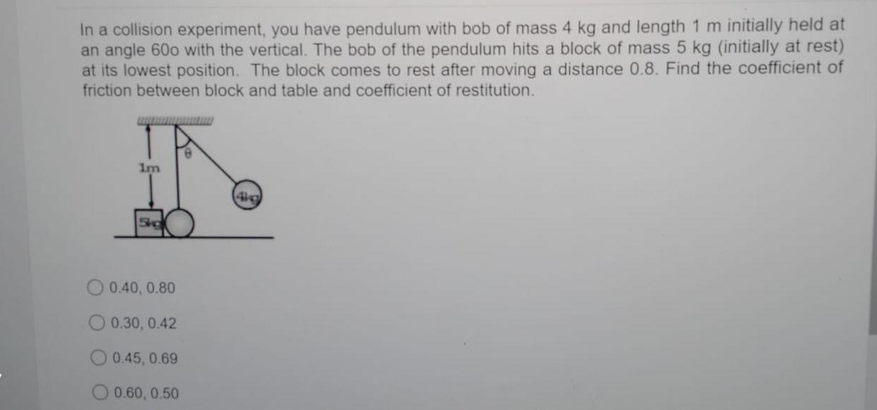 In a collision experiment, you have pendulum with bob of mass 4 kg and length 1 m initially held at an angle 600 with the ver