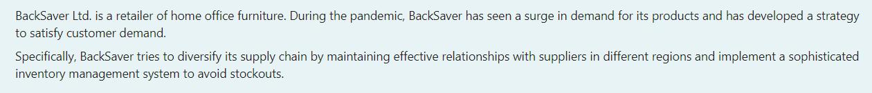 BackSaver Ltd. is a retailer of home office furniture. During the pandemic, BackSaver has seen a surge in demand for its prod